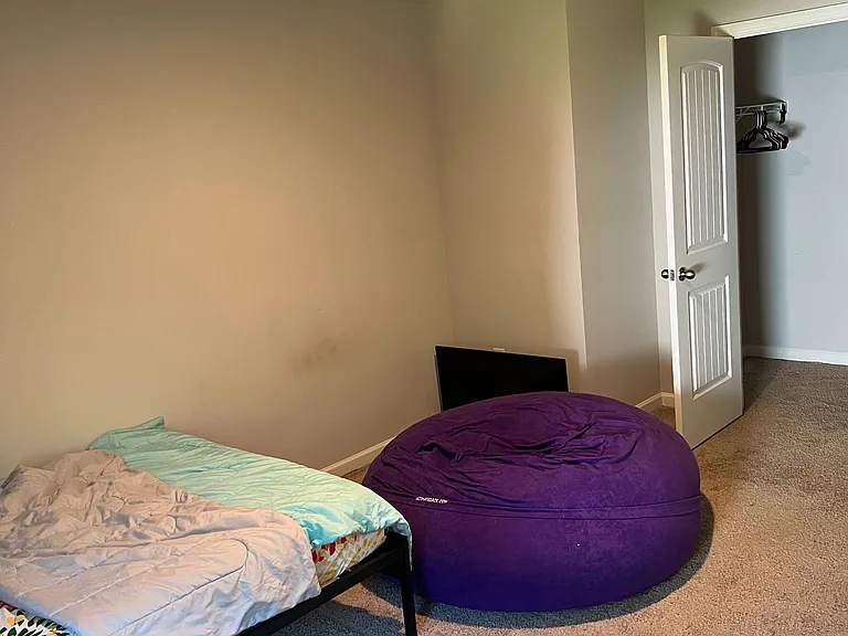 Carpeted bedroom with a closet and overhead lighting, offering a comfortable layout with space for sleeping and lounging.
