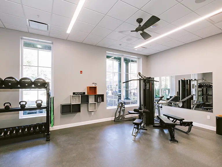 Rogue Fitness has our gym outfitted with their top of the line all in one free weight systems.