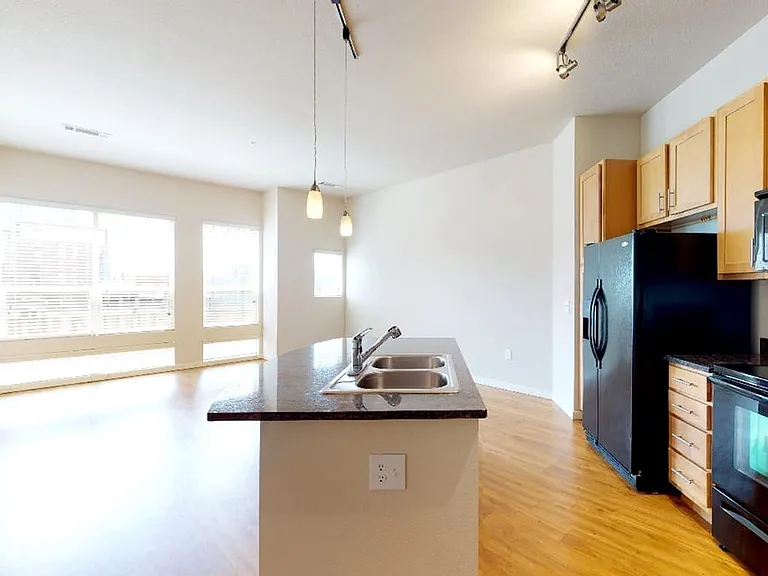 Apartment kitchen with stainless steel appliances, dining and living room with wood-style flooring.