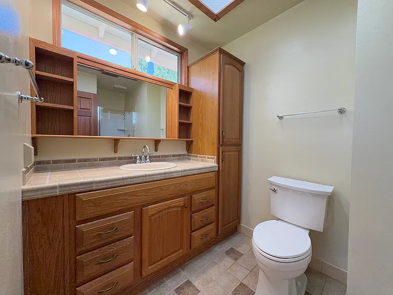 Skylight and built-in linen storage flanking the vanity