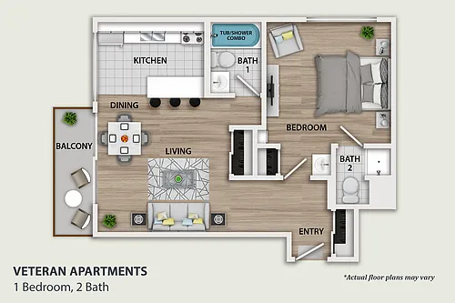 Floor plan 1 Bedroom, 2 Bath