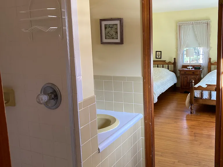 Second bathroom with shared shower to master and second bedroom with twins.
