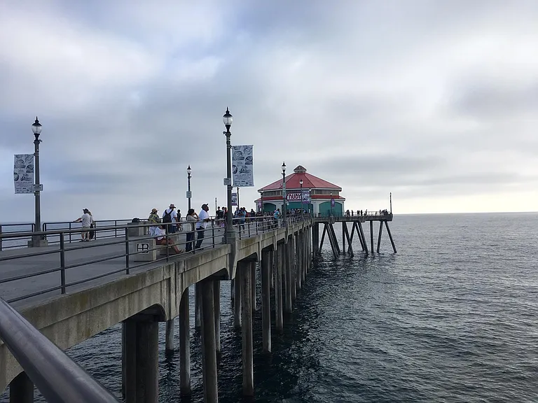 Ruby Restaurant at the end of this lively Huntington Beach Pier :view from stairs window ( walking to your FURNISHED guest bedroom).