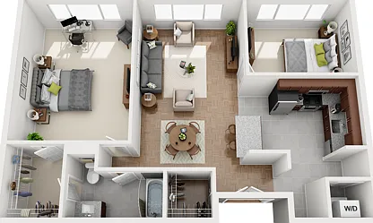 Large Spacious 2 Bedroom Floor Plan with Open Island Kitchen, Walk-In Closets and Large Bathroom Large Spacious 2 Bedroom Floor Plan with Open Island Kitchen, Walk-In Closets and Large Bathroom