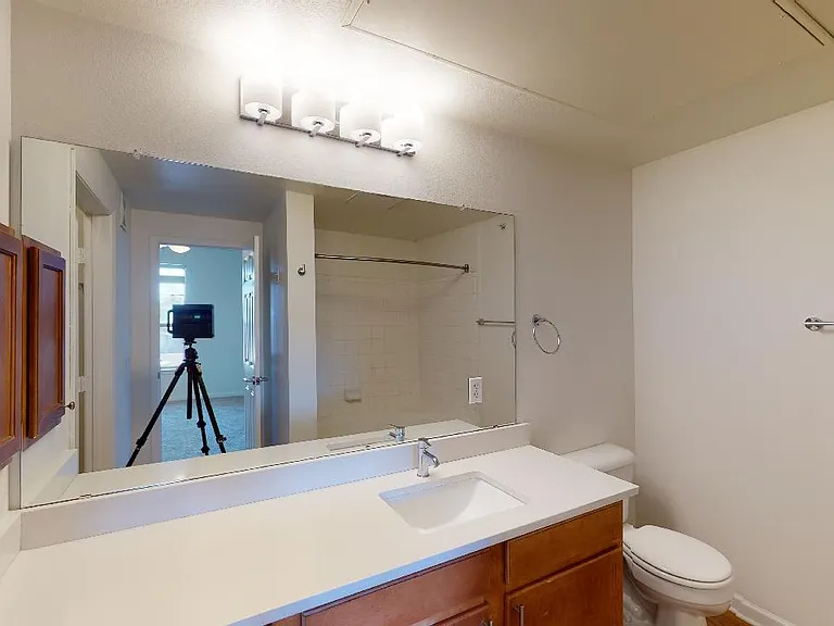 Apartment bathroom with wood-style flooring. Quartz-style countertops (shown here) are available in select homes.