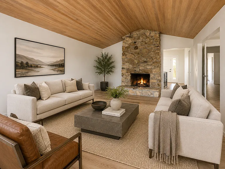 Grand family room with stone fireplace and cedar ceiling and plenty of light