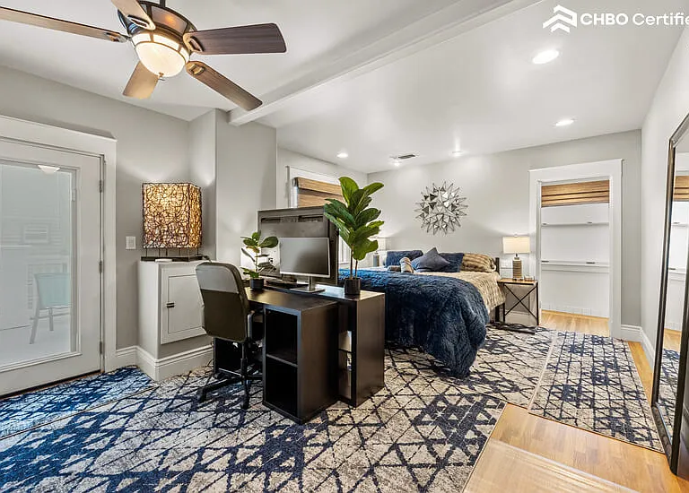 Upstairs huge primary suite with king bed & workspace
