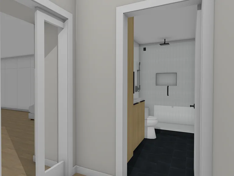 Rendering of pocket doors that enable the English basement to be open for full access to separate bathroom, storage room, and gym and sauna room. Or closed for privacy of guests while enabling upstairs residents to access other rooms and amenities.