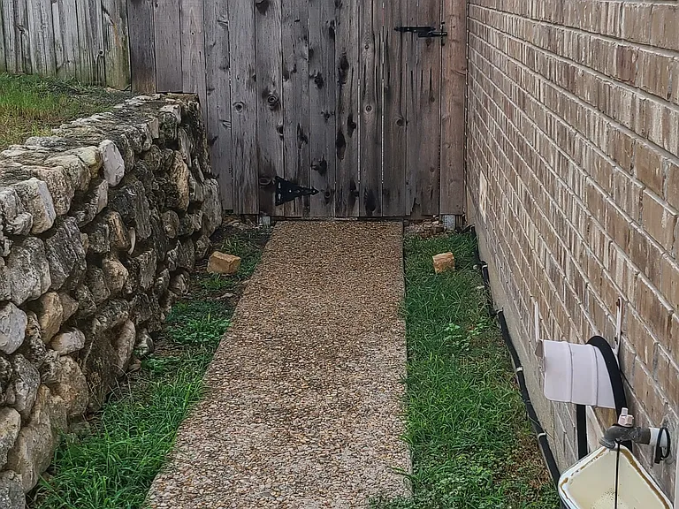 View on the left side of house leading to backyard.