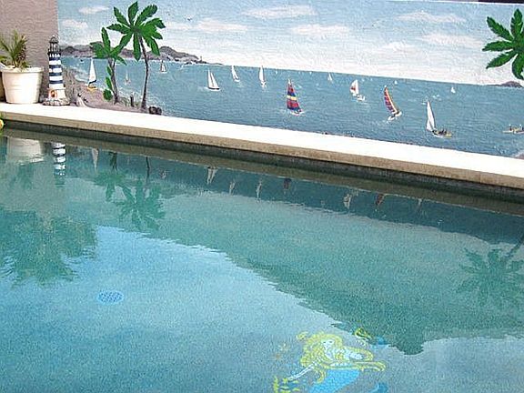 Pool with graphic wall.