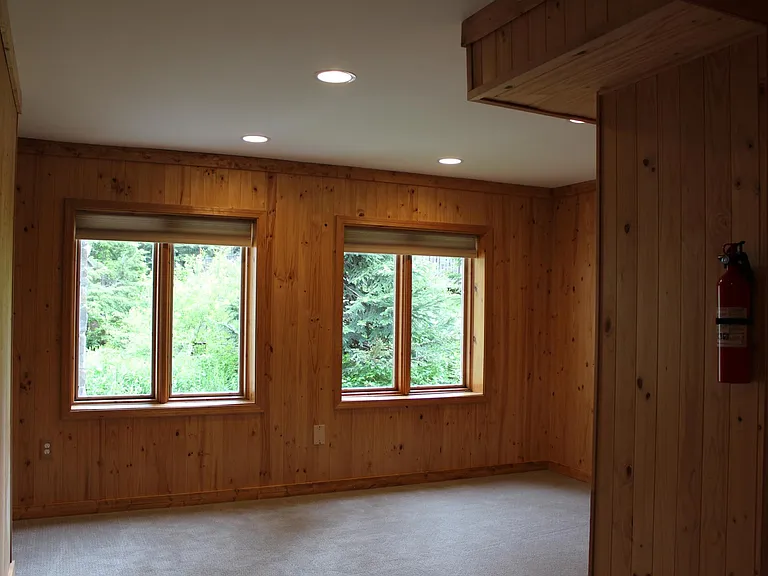 Paneled living room with large windows into back yard.