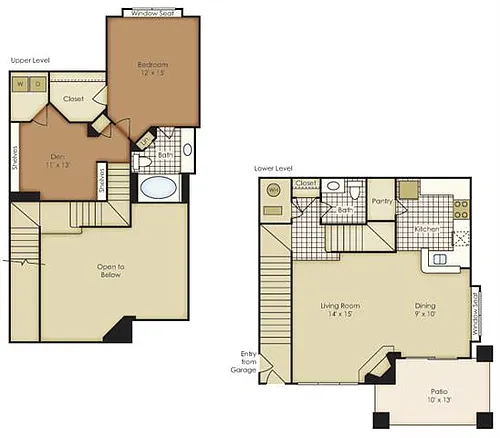 Floor plan One Bedroom Townhome with Den 1A2TNBG-2A2TNBG