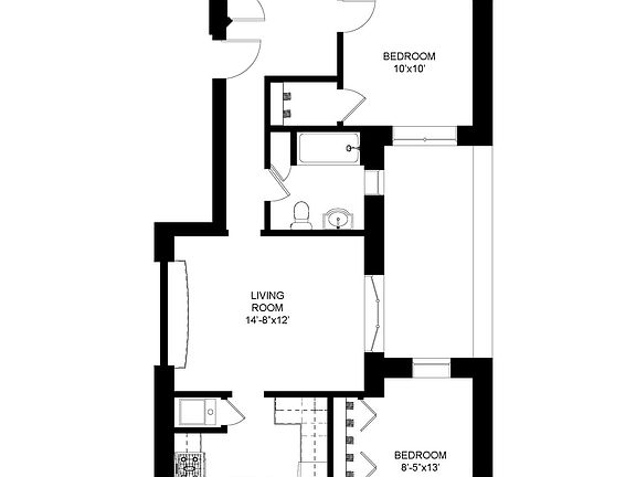 Floor Plan for 2nd floor 3-bedroom apartment shows outdoor deck space to the right off of the living room.