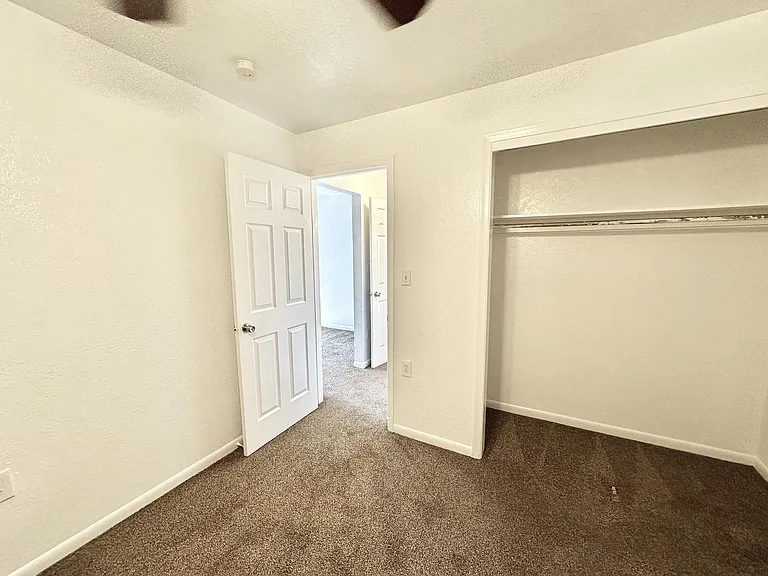 Cozy bedroom with plush carpet and spacious closet, offering a warm and inviting atmosphere.