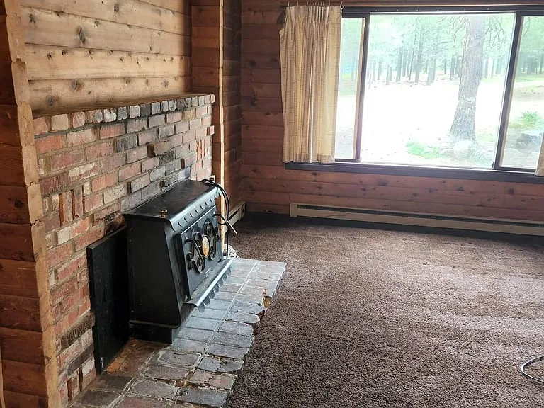 From kitchen looking south past wood burning insert.