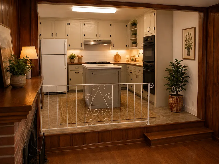 Virtually staged kitchen. Picture taken from sunken family room.