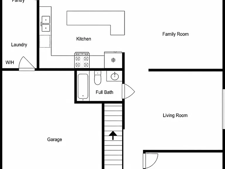 1F Floor Plan: 1 bedroom, 1 living room, 1 family room, 1 Full Bath, Kitchen, Laundry and Pantry room, Garage.