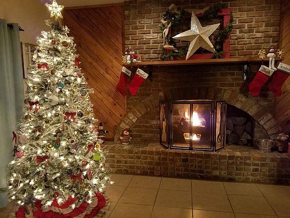 Large wood burning fireplace