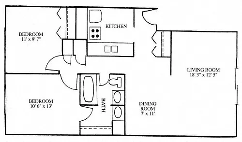 Floor plan Two Bedroom 1 1/4 Bath Apartment Style D