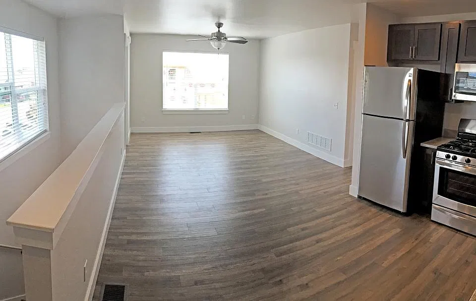 Living room, dining room, & kitchen
