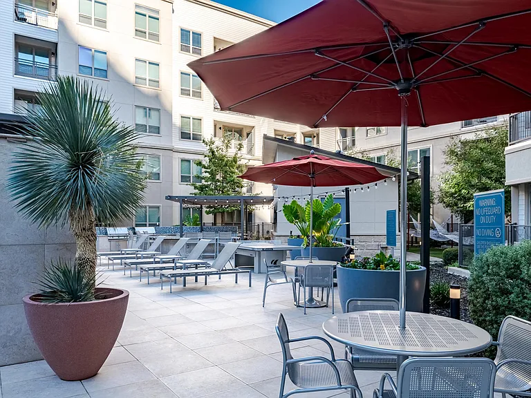 Modern Pool Deck with Dining Tables, Lounge Chairs, and Palm Landscaping