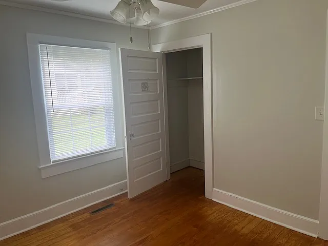 Rear bedroom and closet. Ceiling fan.