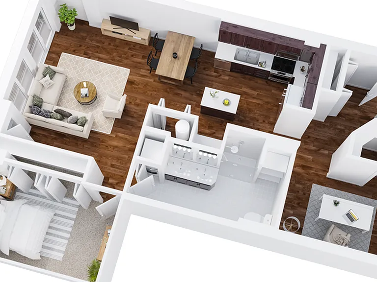 One-Bedroom, One-Bathroom Floor Plan Rendering with Den One-Bedroom, One-Bathroom Floor Plan Rendering with Den