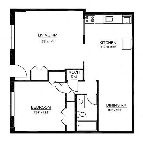 Floor plan A2 - 1 Bed 1 Bath Apartment