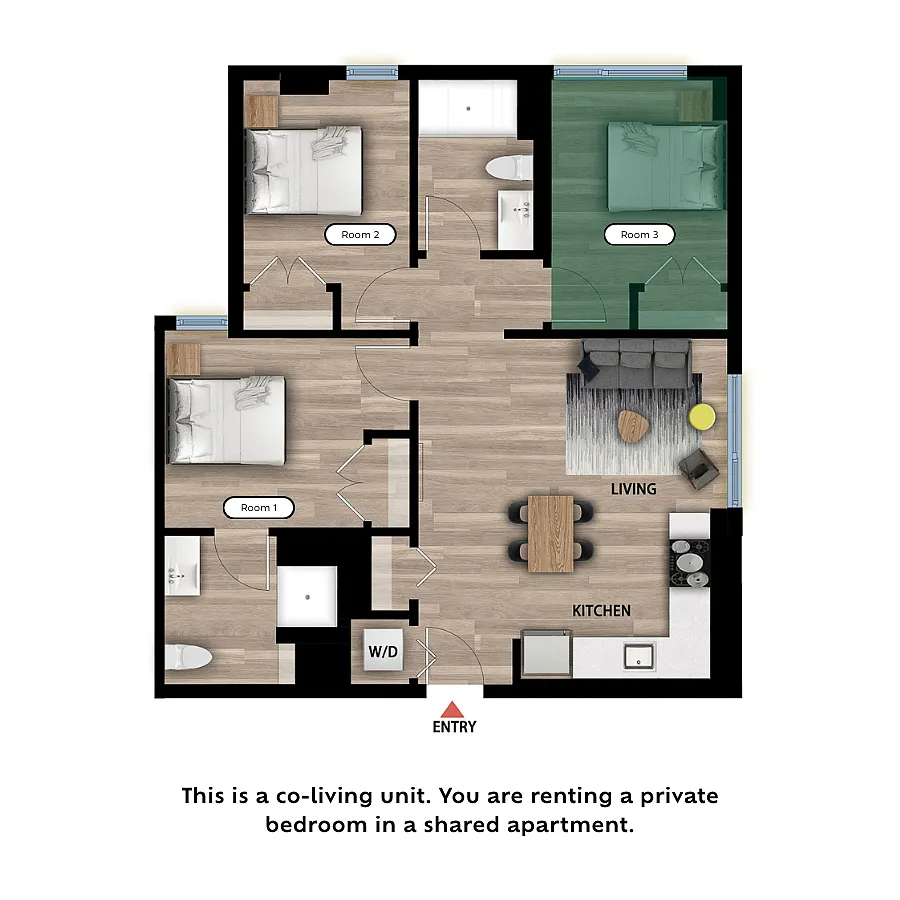 Floor plan Private Bed in a 3 Bed 2 Bath B - RM3