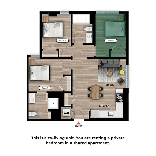 Floor plan Private Bed in a 3 Bed 2 Bath B - RM3
