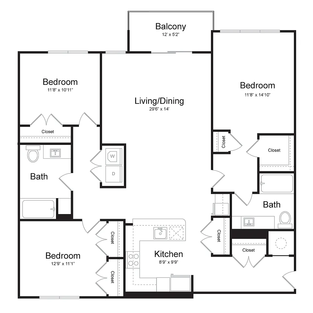 Floor plan Three Bedroom/Two Bath (3B-A) Balcony