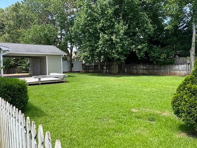 Backyard- storage shed in back of photo