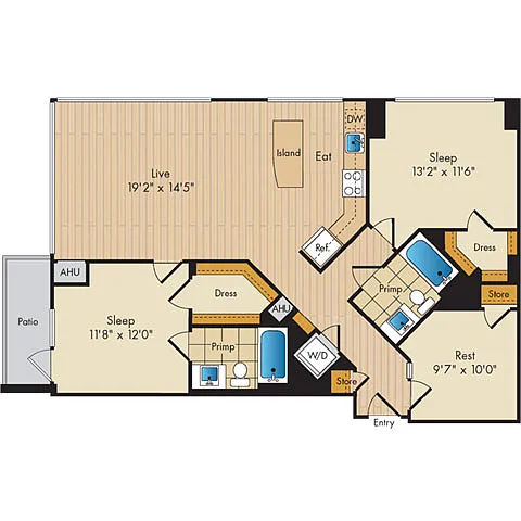 Floor plan 2 Bed 2 Bath w Den Sig-BDS1b