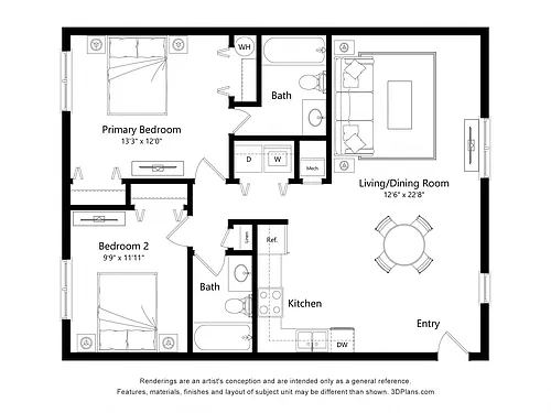Floor plan Weaverville 2x2