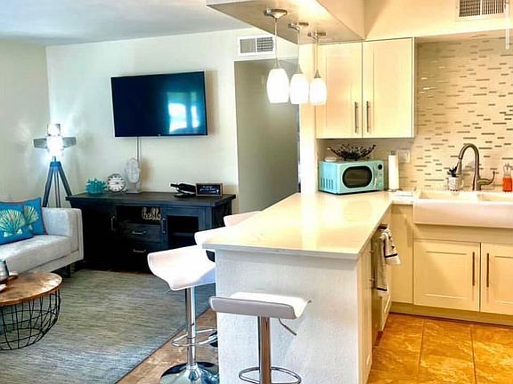 kitchen island facing the living area