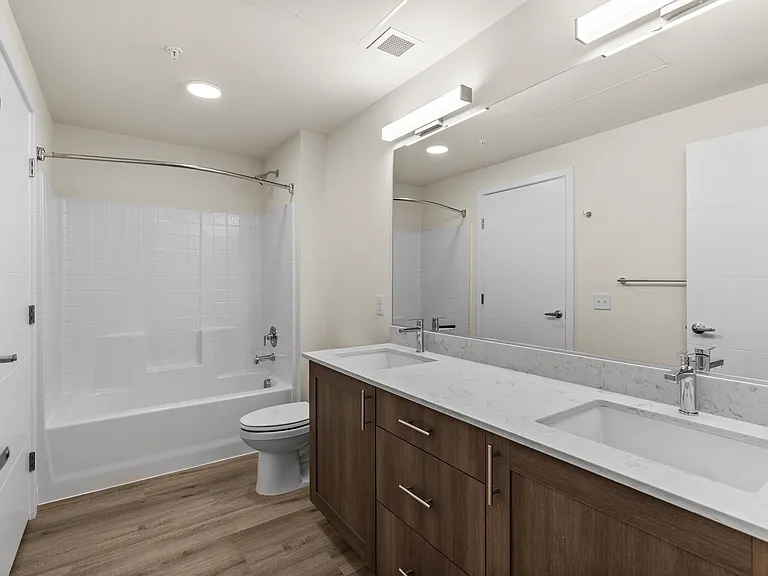 Modern bathroom with dual vanity. Modern bathroom with dual vanity.