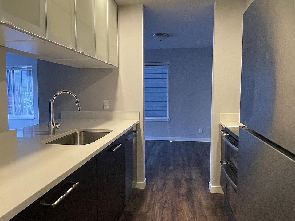 Kitchen: quartz counters, frosted glass cabinets, stainless steel appliances