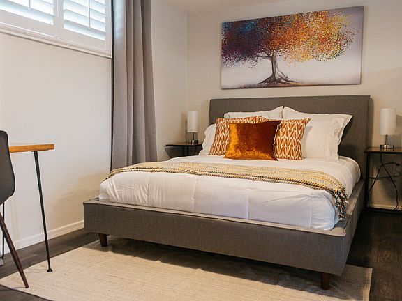 We have a large queen bed with the most comfy pillows for a wonderful nights sleep