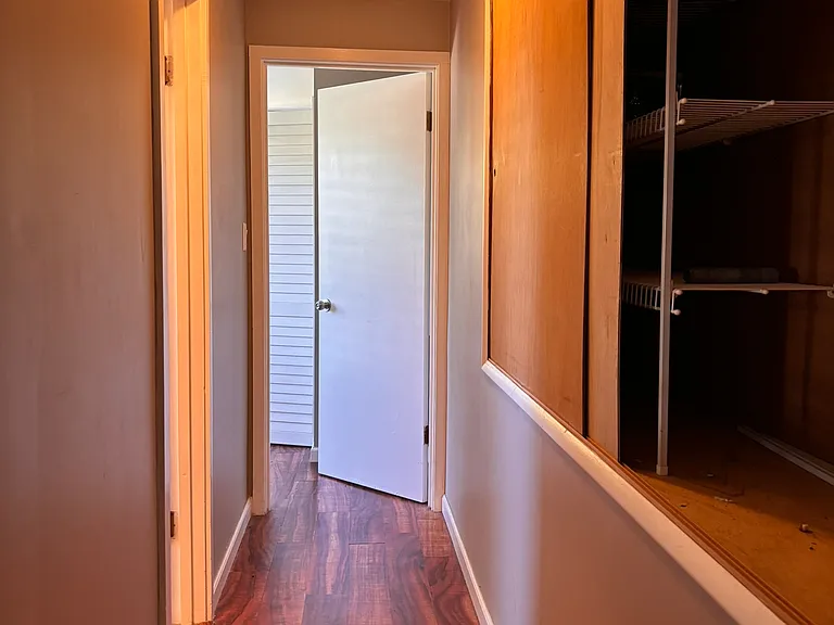 Hallway with storage closet on right