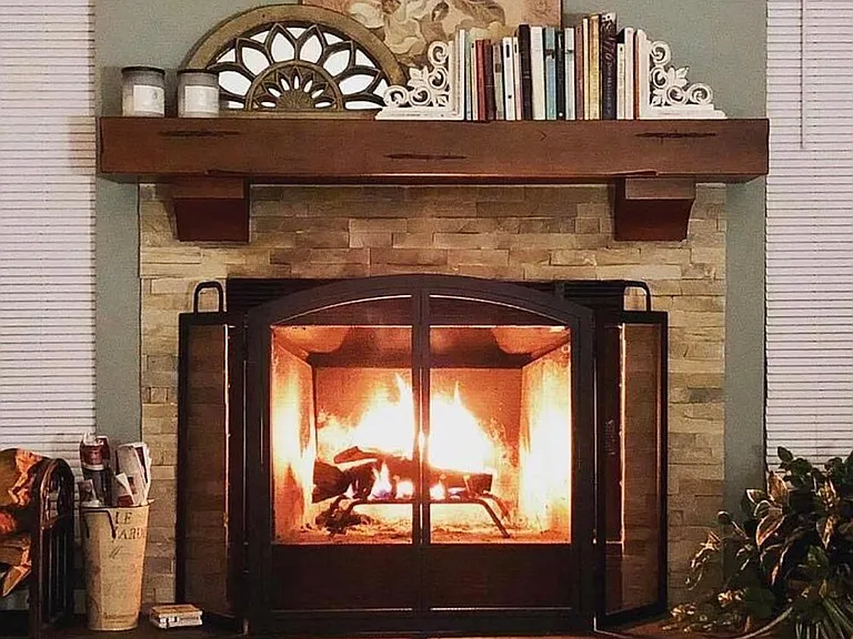 Stone wood-burning fireplace