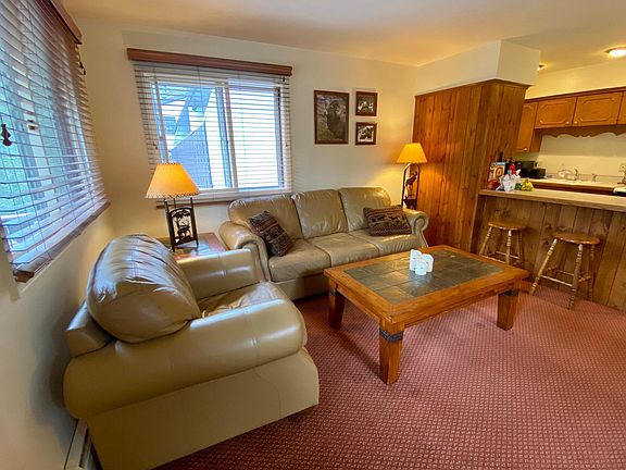 Living Room with pull out queen sofa sleeper. Bar stools at kitchen counter for extra seating.