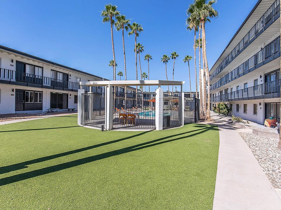 Green courtyard, pool, palm trees