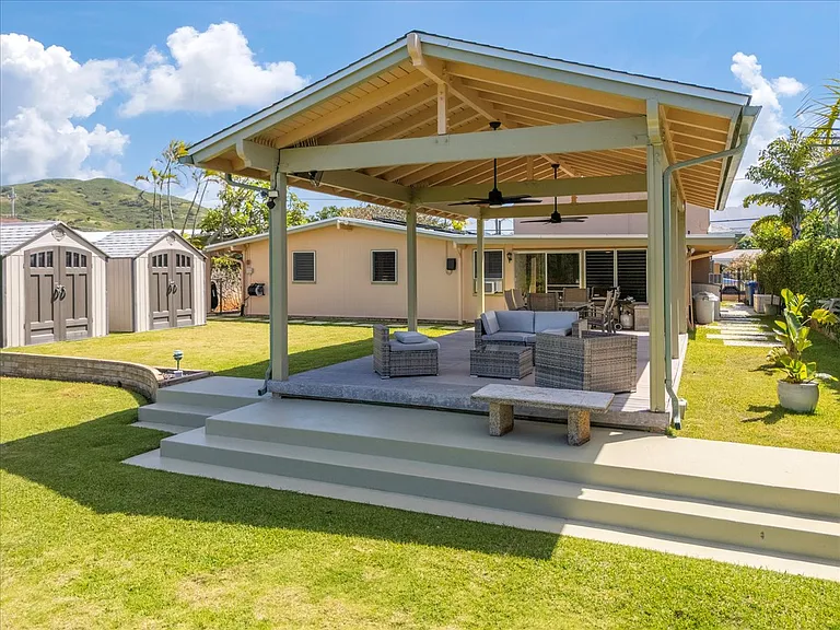 Back view showing the two tiered back yard!