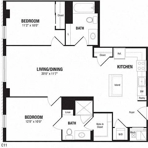 Floor plan 1 Bedroom + Den, 2 Bath 966 SF C11