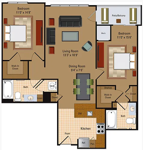 Floor plan 2 Bedroom, 2 Bath - B1