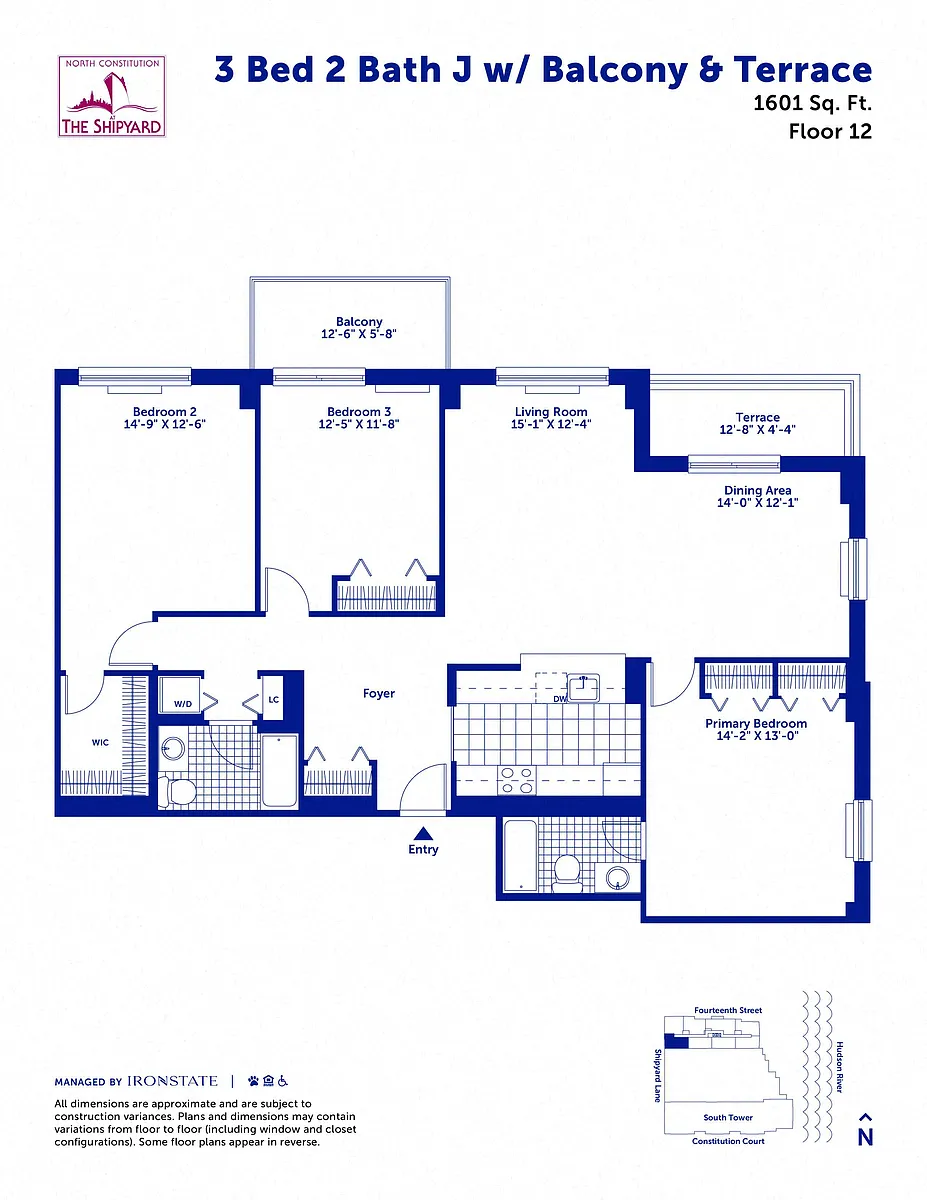 Floor plan 3 Bed 2 Bath J with Balcony and Terrace