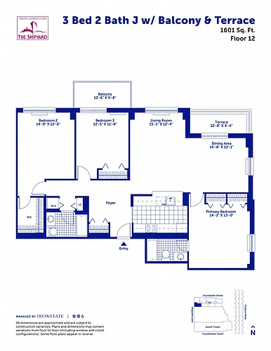 Floor plan 3 Bed 2 Bath J with Balcony and Terrace
