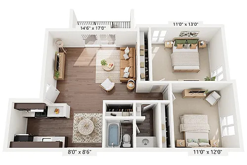 Floor plan 2 BR x 1 BA - A