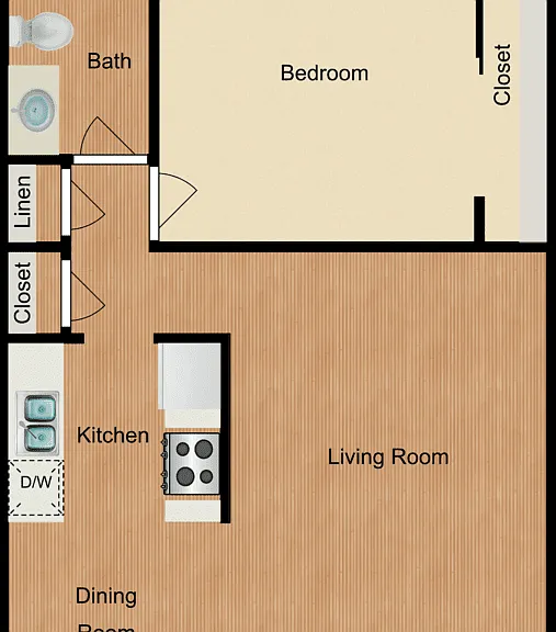 1 Bed 1 Bath Floorplan Diagram