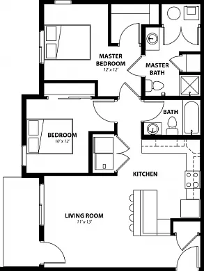 The B1 floor plan, an 855 SF, 2 bedroom, 2 bathroom home, is well designed with a split layout and connected living space. The B1 floor plan, an 855 SF, 2 bedroom, 2 bathroom home, is well designed with a split layout and connected living space.